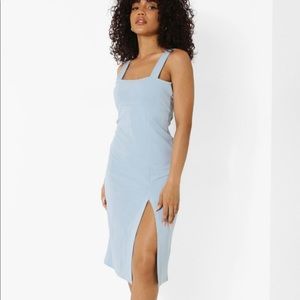 PETITE SQUARE NECK SPLIT MIDI DRESS, SIZE 10, PALE BLUE